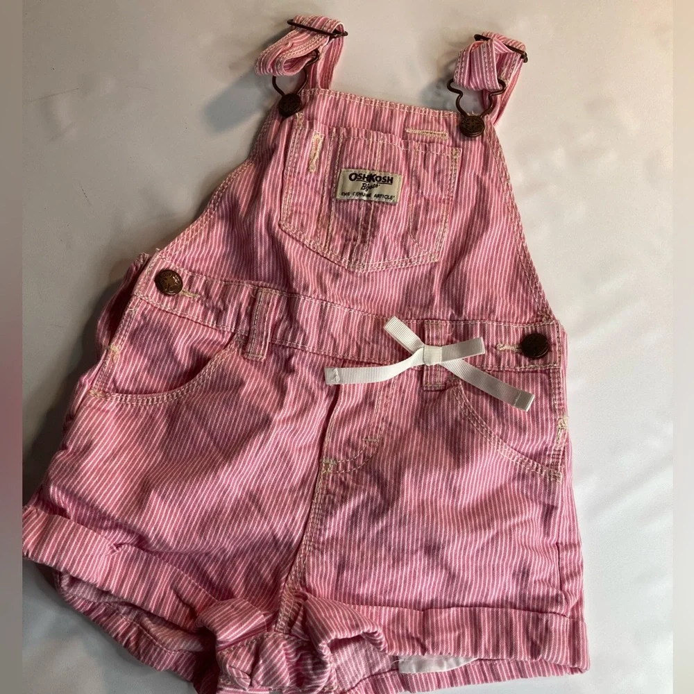 18M OshKosh B'Gosh Overalls Pink White Stripes Ribbon
